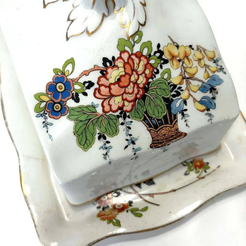 Vintage Floral Covered Cheese Keeper Butter Dish Gold Trim
